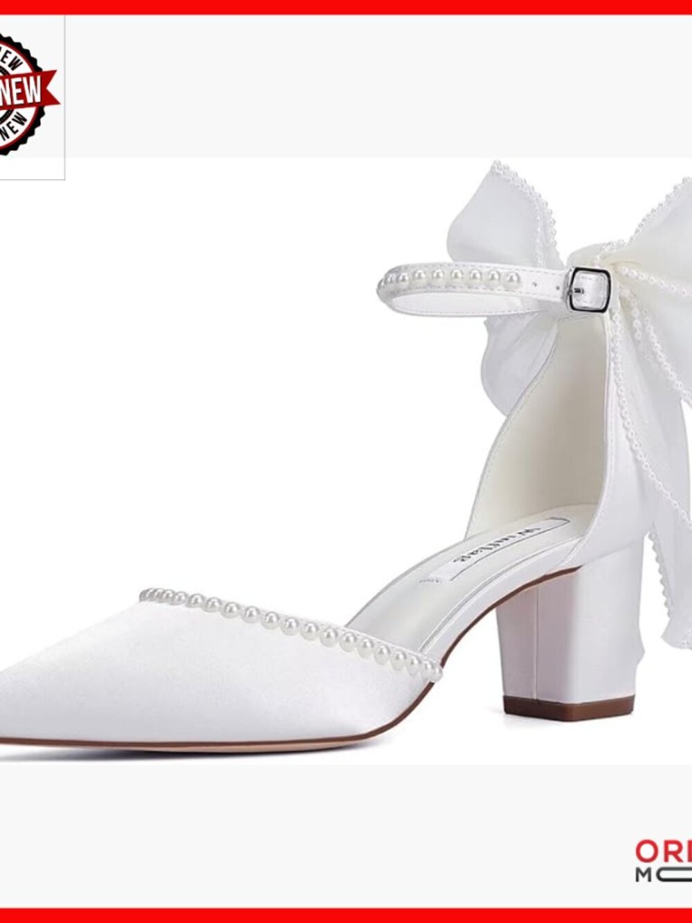 White Satin Block Heel Wedding Pumps with Pearl Ankle Strap and Bow
